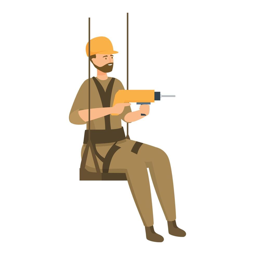 Construction worker using drill hanging on ropes at height vector