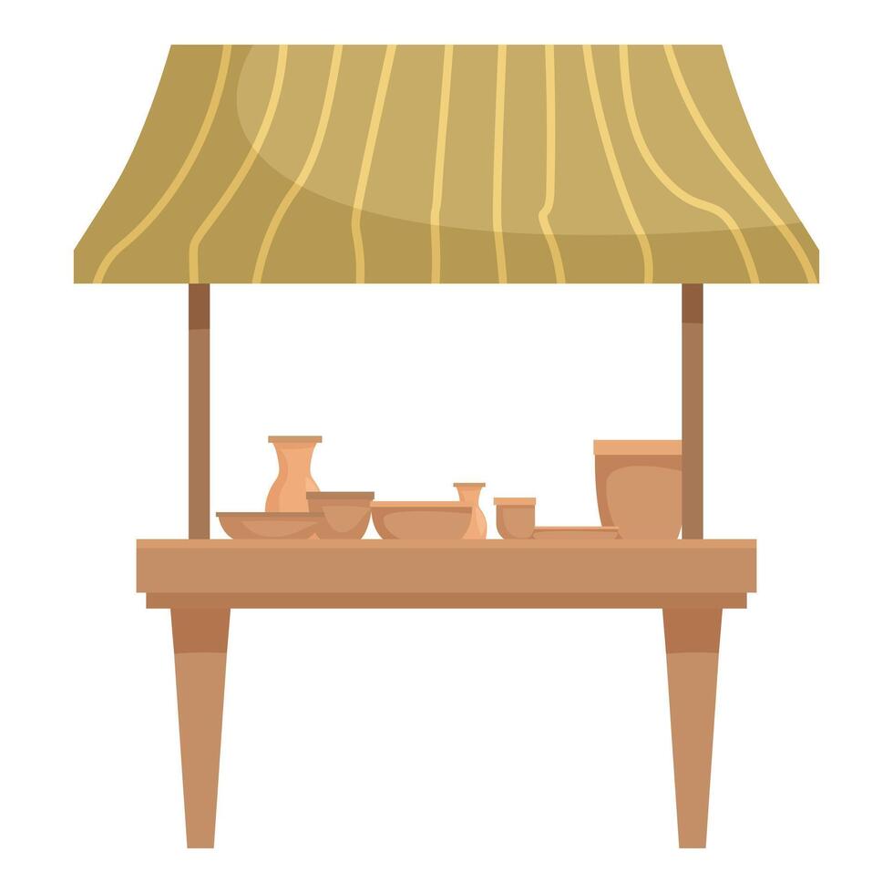 Wooden market stall displaying pottery under striped awning vector