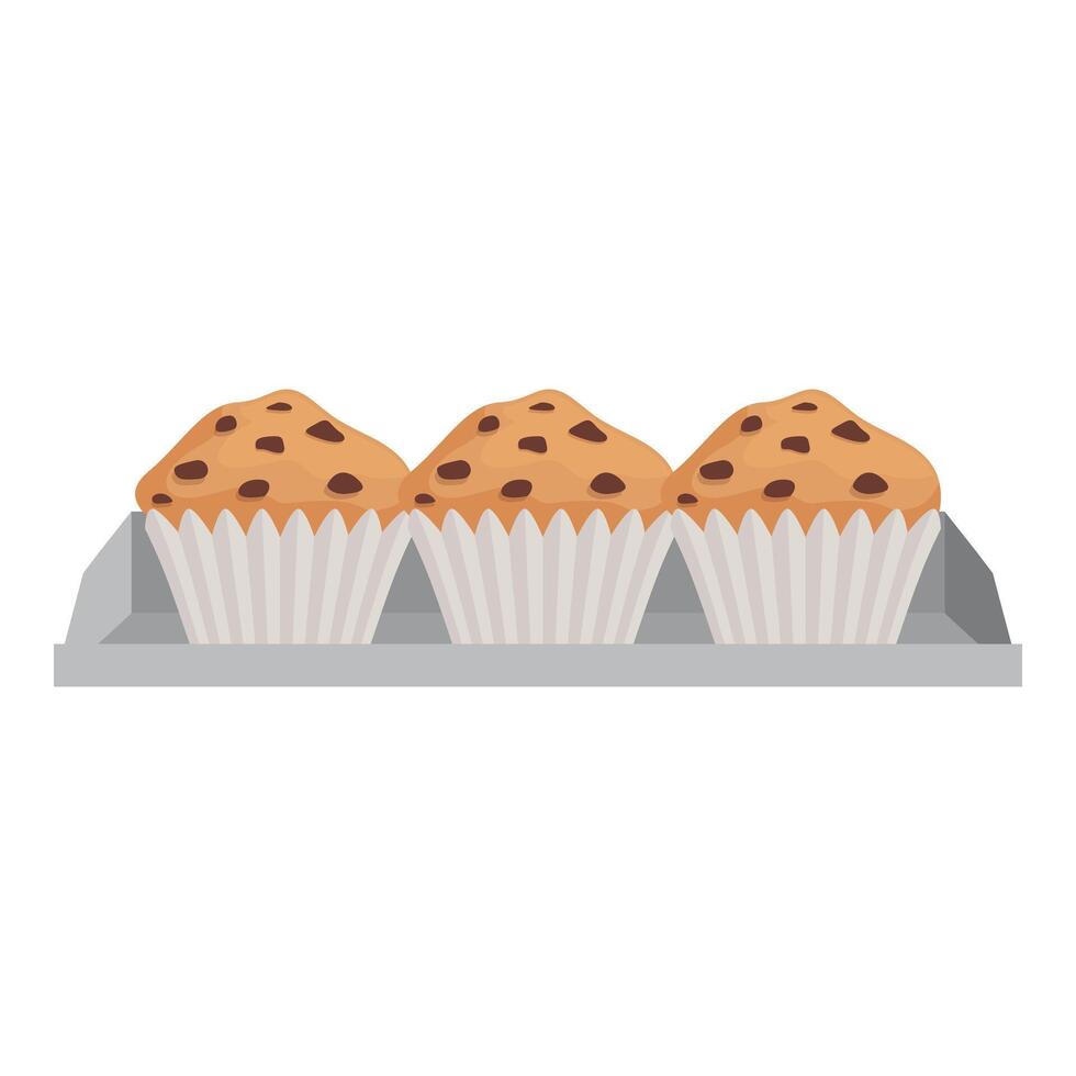 Three muffins with chocolate chips are cooling down on a baking sheet vector