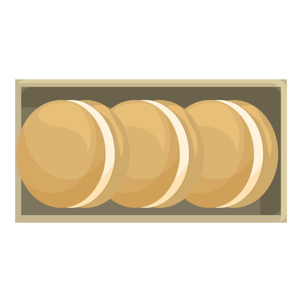 Cardboard box containing three delicious round cookies with filling vector