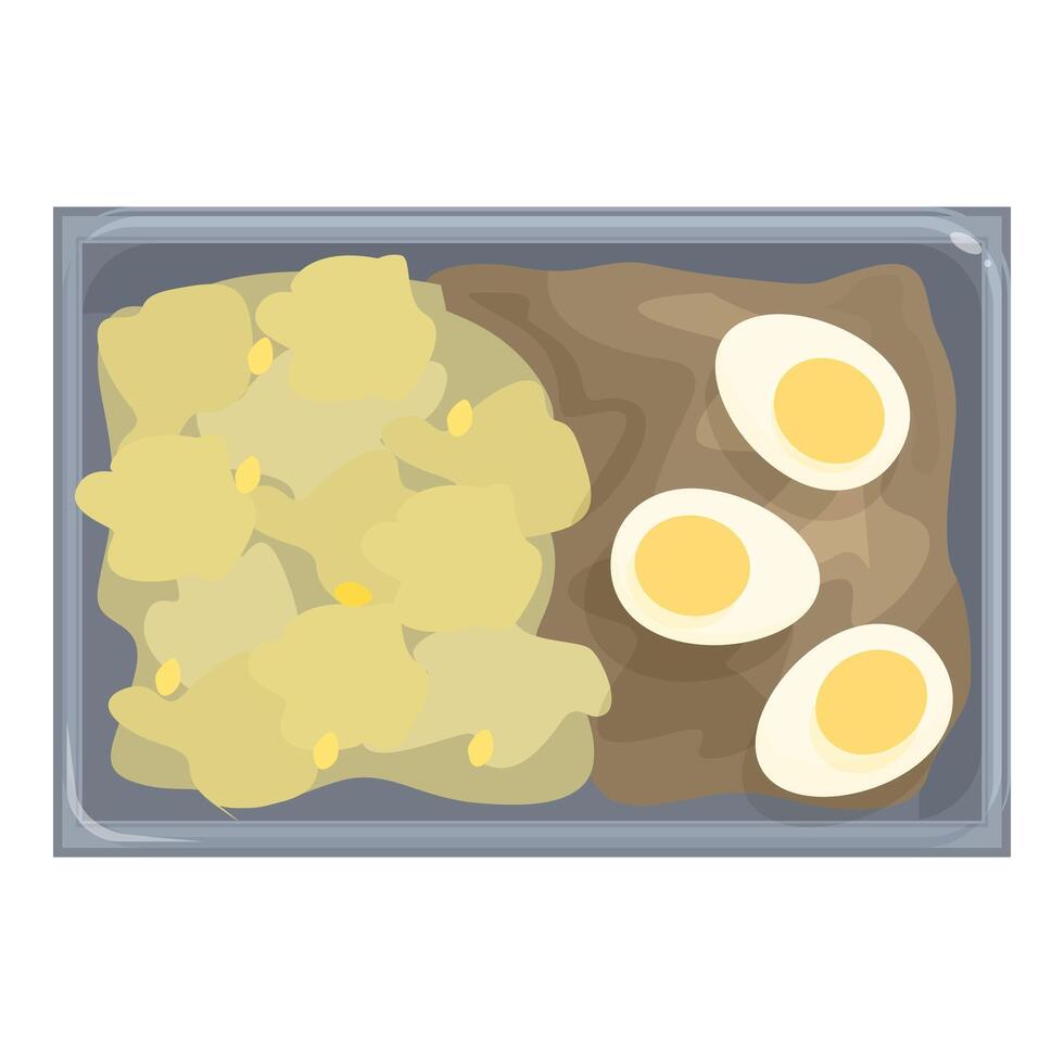 Lunch box containing a portion of potatoes and eggs, ready to be eaten vector