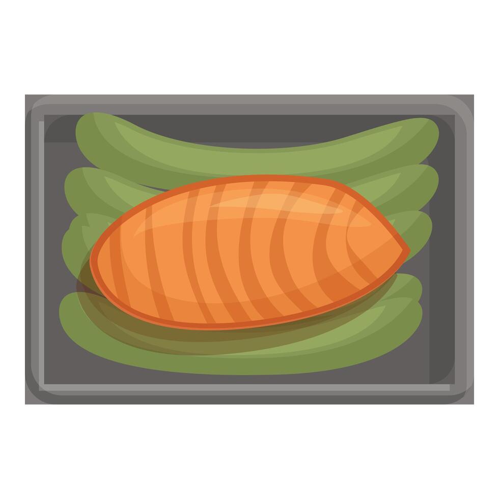 Salmon fillet and asparagus lying on baking sheet vector