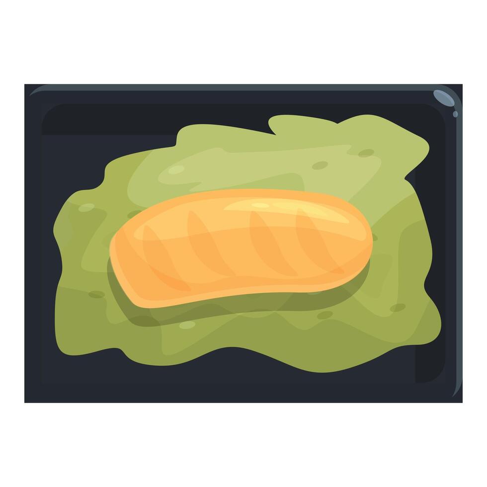 Salmon fillet baking on green pesto sauce in oven tray vector