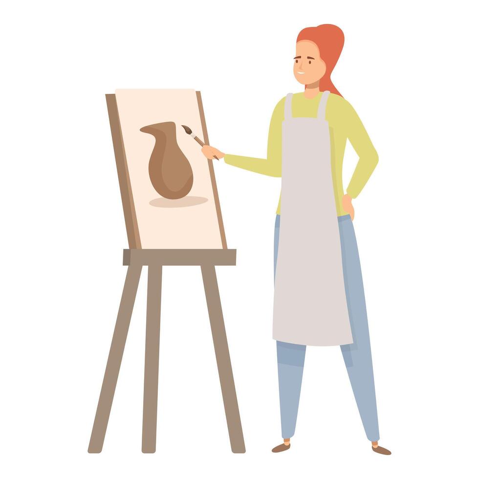 Smiling artist painting still life on canvas in art studio vector