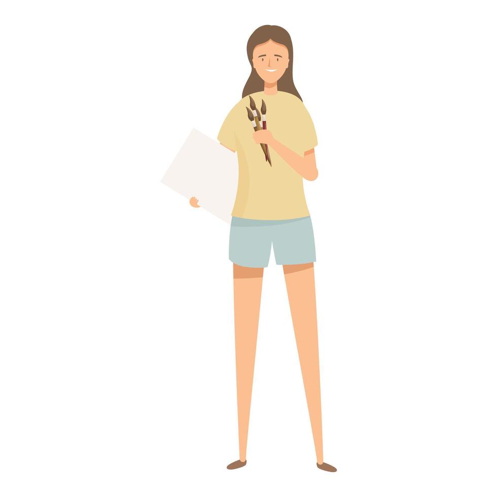 Smiling woman artist is holding paintbrushes and a blank canvas vector