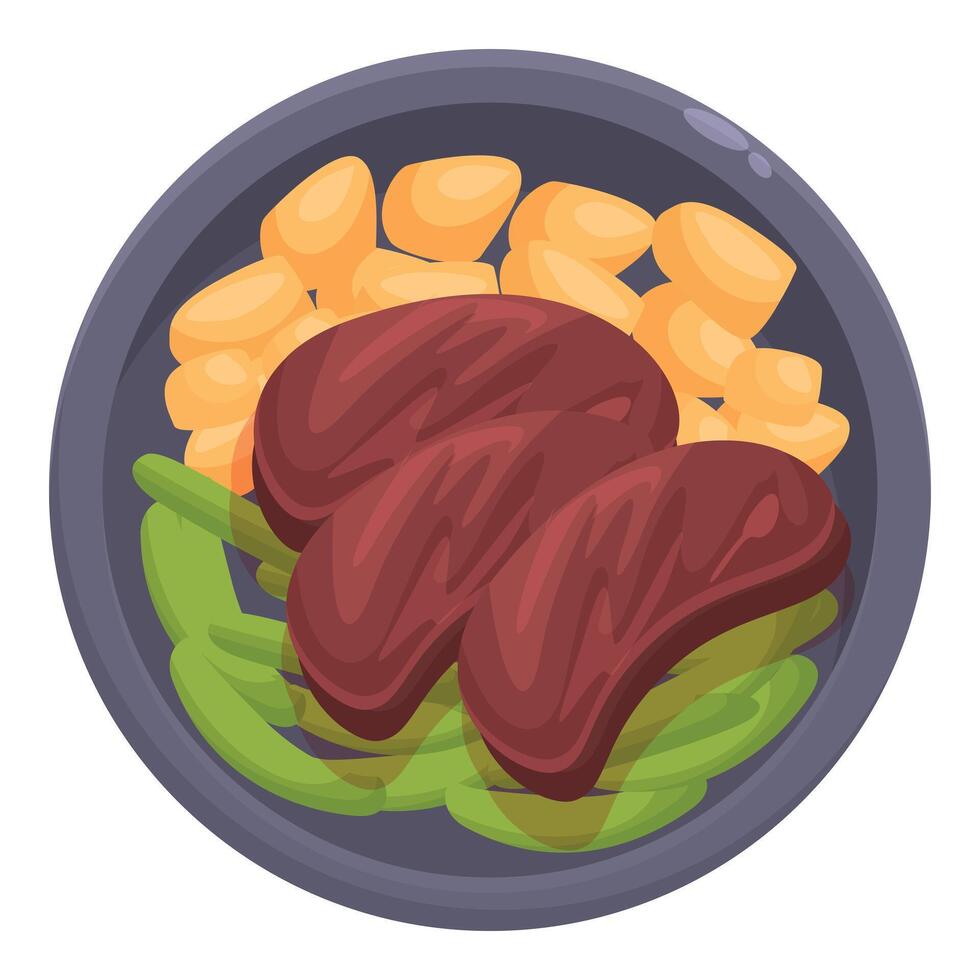 Delicious grilled meat with green beans and potato wedges on a plate vector