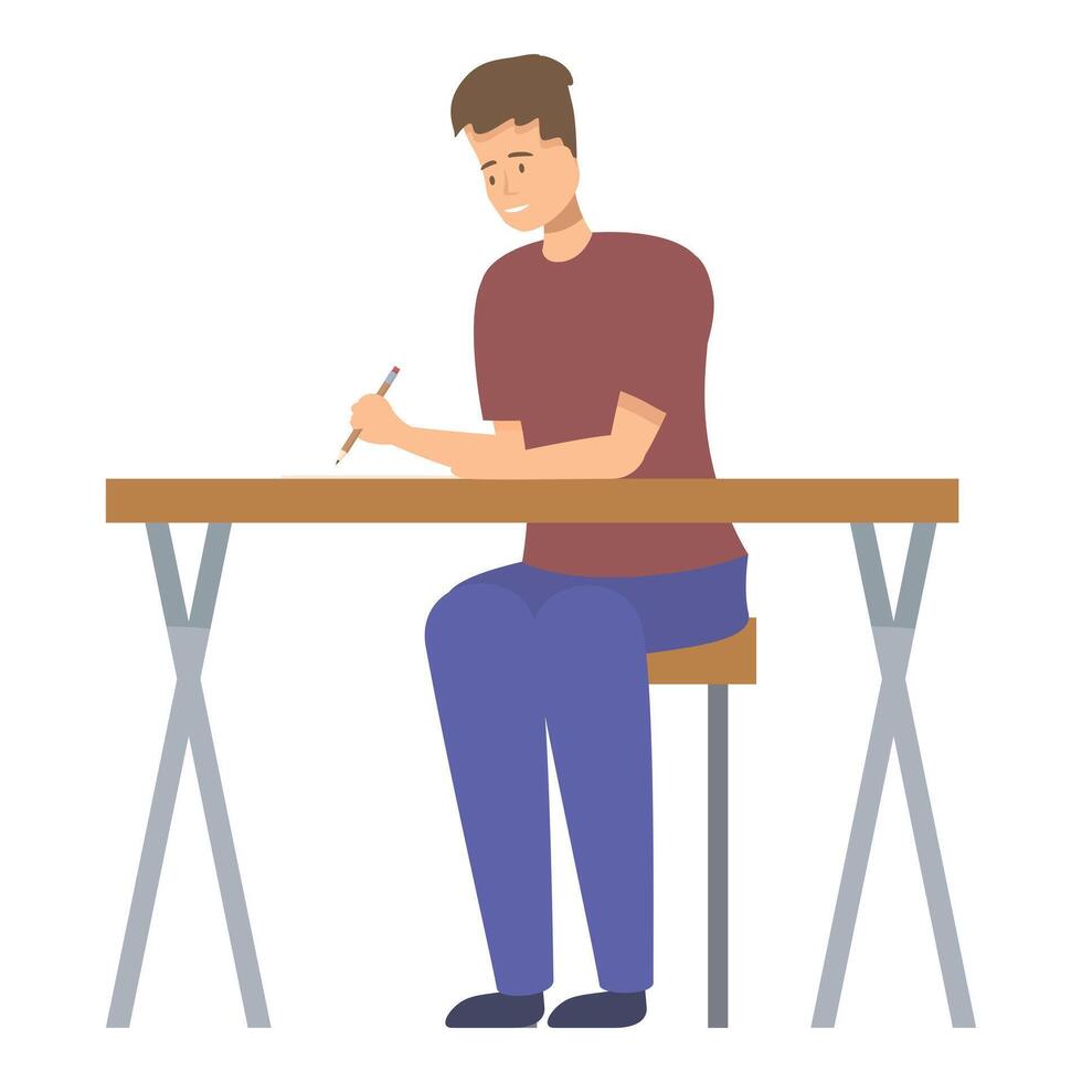 Young man sitting at desk writing with pencil icon vector