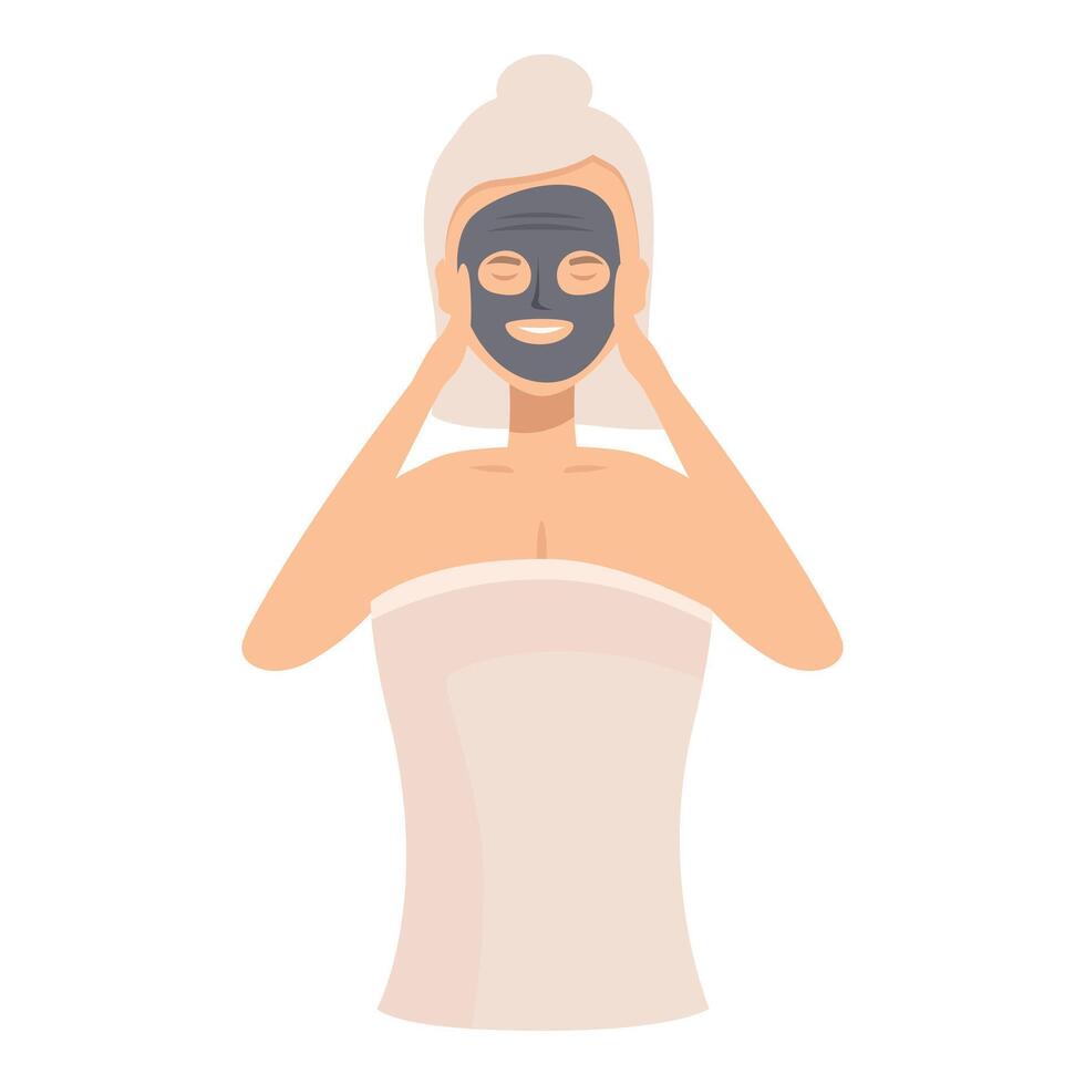 Woman applying a black cosmetic face mask is touching her face vector