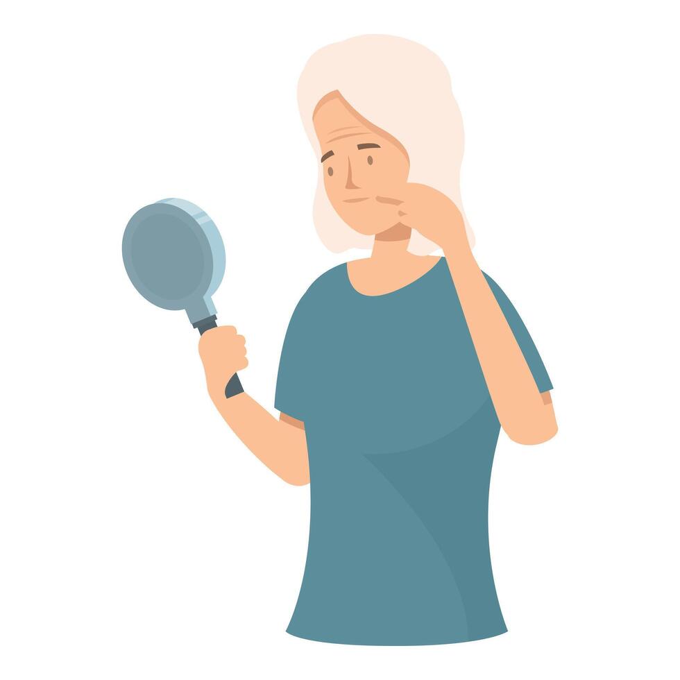Senior woman looking at wrinkles in mirror with magnifying glass vector