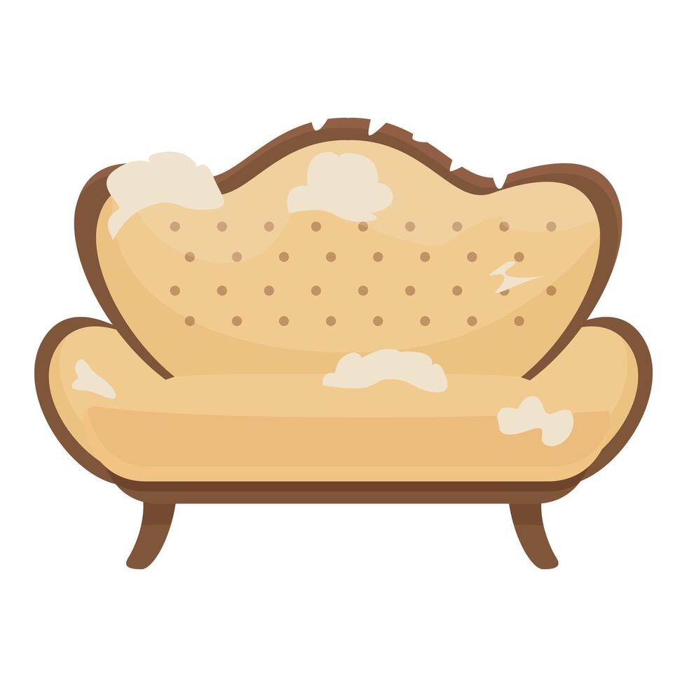 Old damaged sofa with torn upholstery standing on white background vector