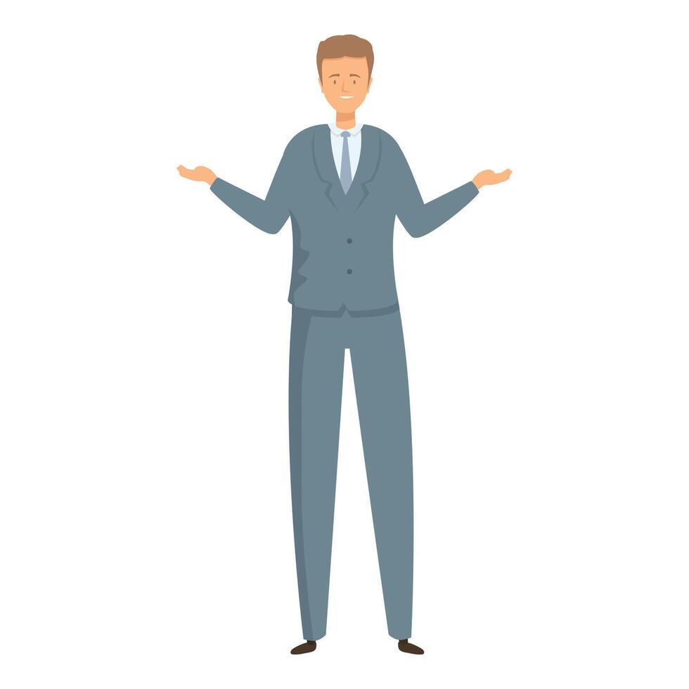 Businessman presenting something, business character pointing with hands aside vector
