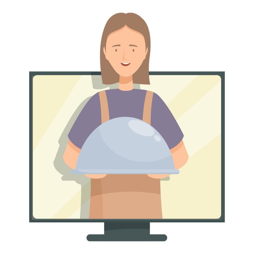 Online restaurant order with waitress holding tray on computer screen vector