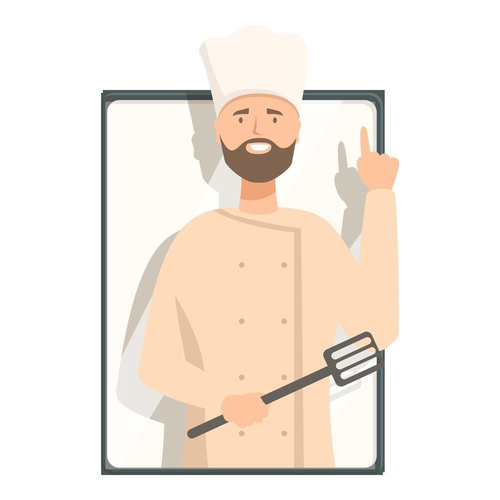 Smiling chef holding spatula and pointing up inside frame vector