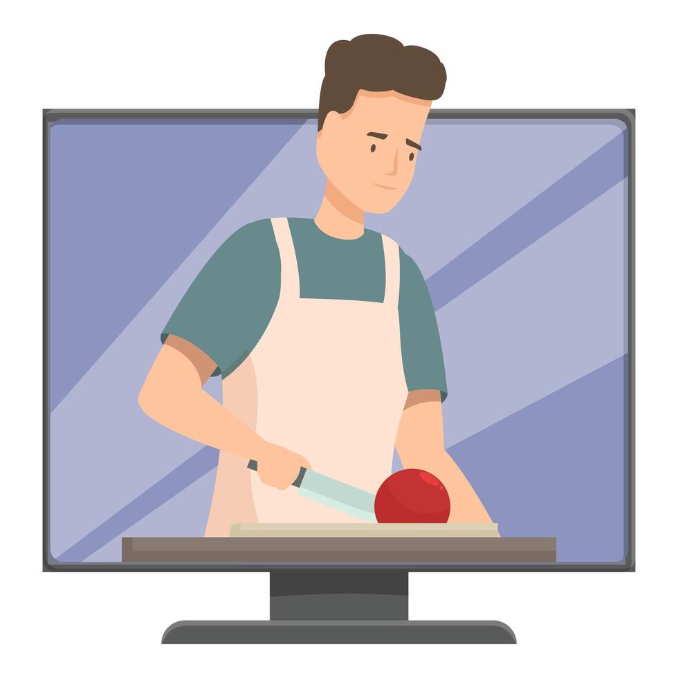 Chef is cutting a tomato during an online culinary course vector
