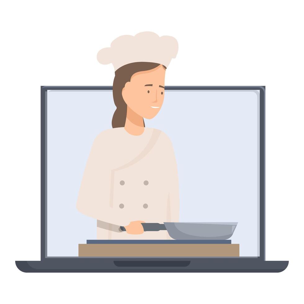 Professional chef giving online cooking class using laptop vector