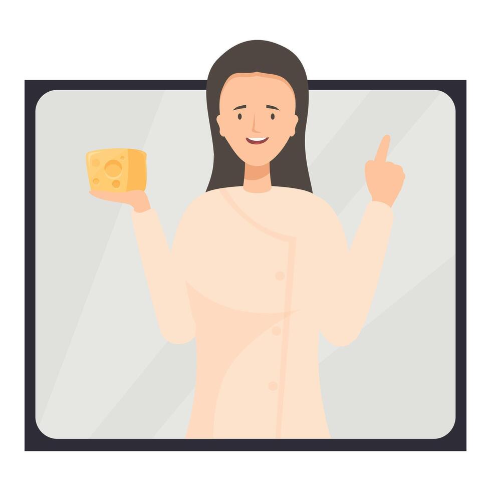 Confident female chef holding cheese and pointing with finger vector