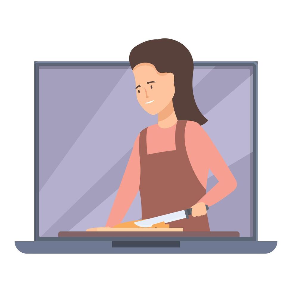 Smiling woman cooking in laptop online culinary course vector