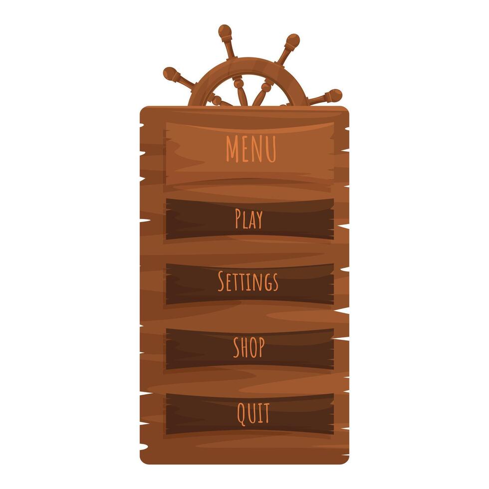 Wooden game ui menu with steering wheel showing play, settings, shop, and quit buttons vector