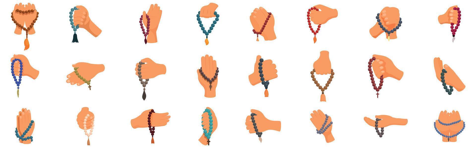 Prayer beads icons set. Human hands using religious symbol for prayer meditation or counting vector