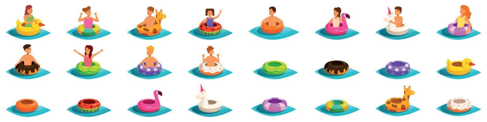 Kids swim rubber ring icons set. Happy children and adults enjoying summer vacation, swimming and sunbathing on inflatable rings vector