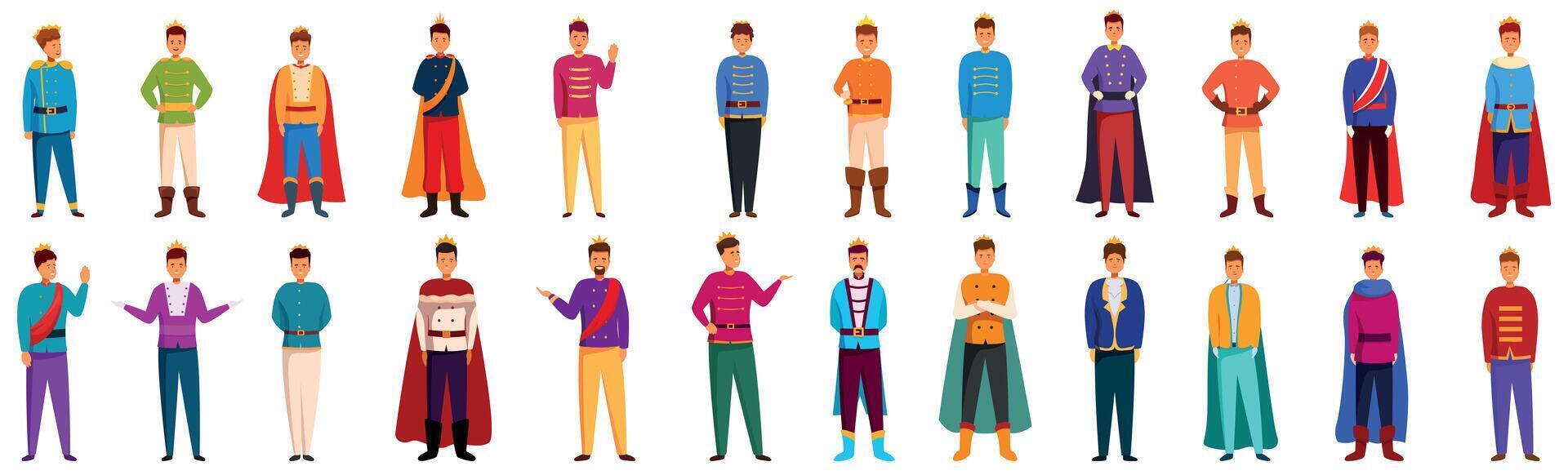Prince character icons set. Set of prince characters posing in different poses wearing luxurious suits and golden crowns vector