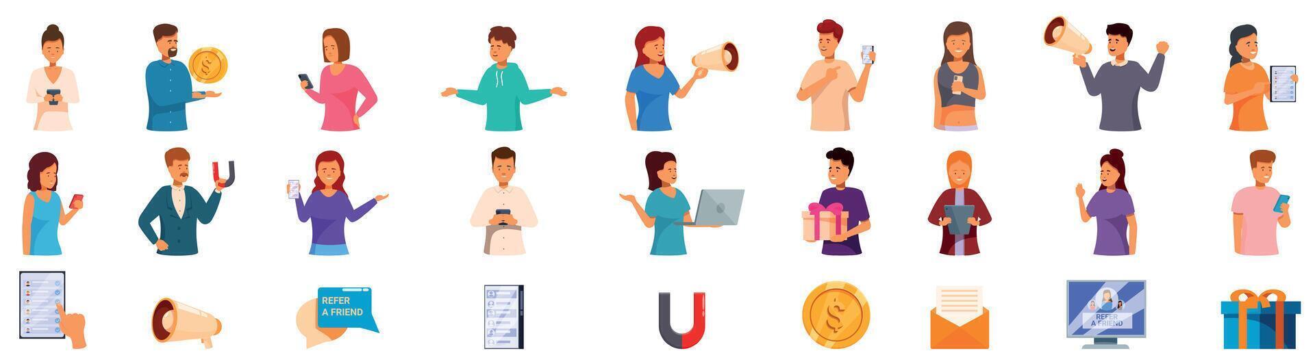 Referral network icons set. Marketers increasing brand awareness and attracting new customers vector
