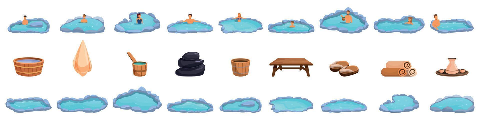 Japanese onsen icons set. People relaxing in onsen, traditional japanese hot spring, with accessories for spa treatment vector