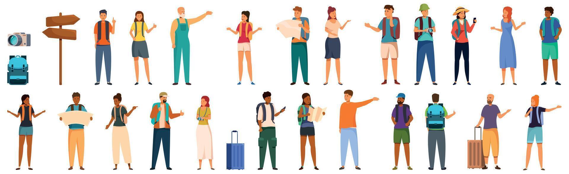 Tourist ask icons set. Tourists and travelers characters set, men and women with backpacks, suitcases and cameras are traveling vector