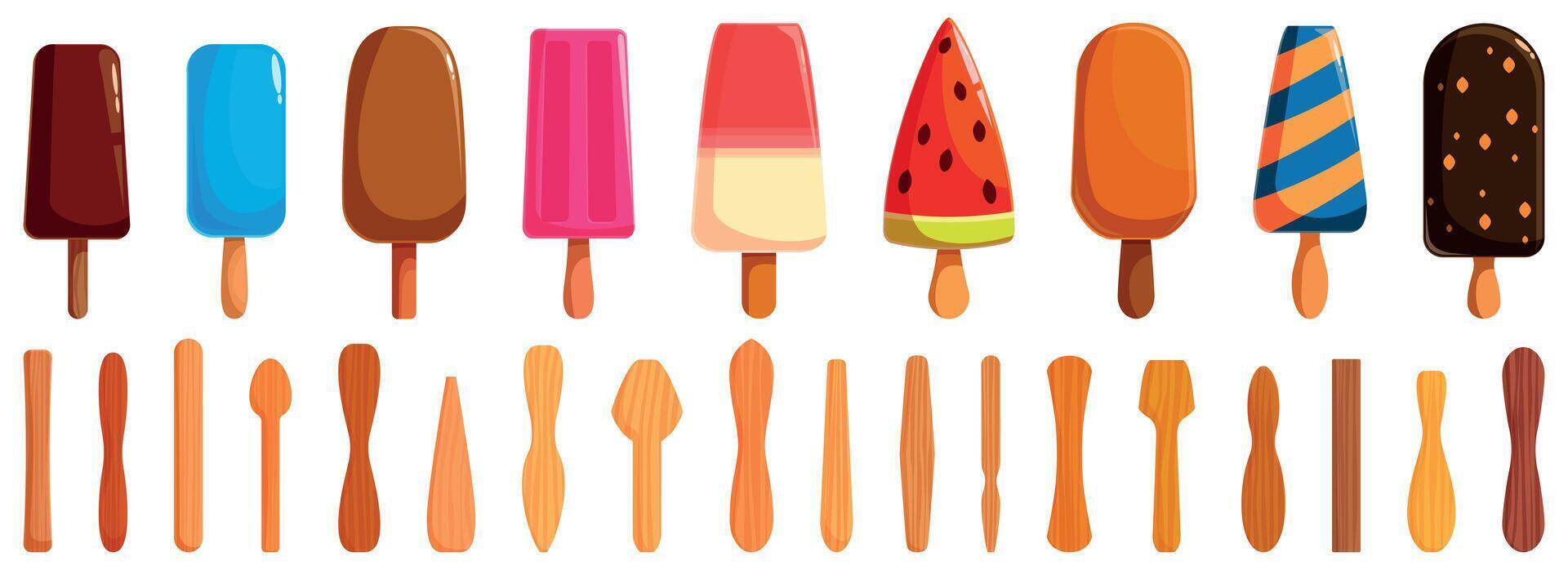 Popsicle stick icons set. Collection of delicious and refreshing ice cream on wooden sticks for hot summer days vector