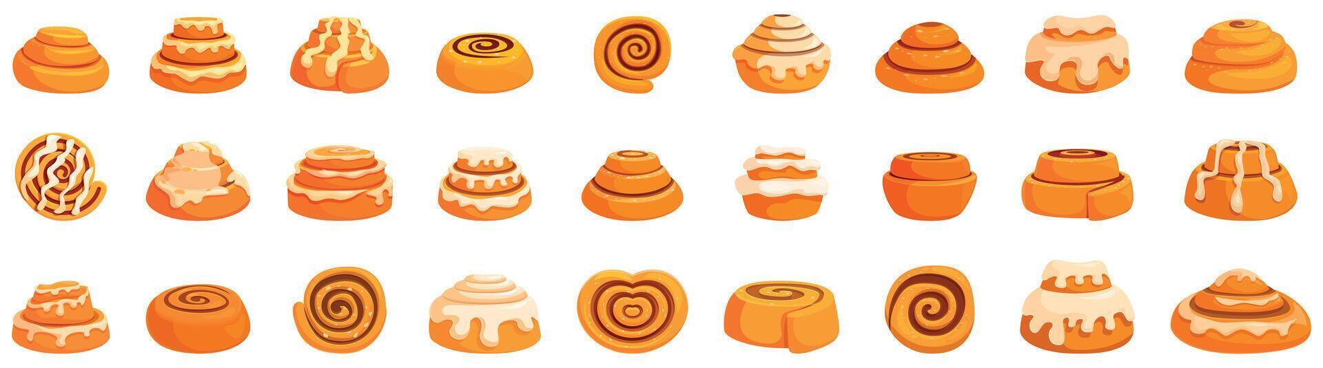 Cinnamon bun icons set. Delicious cinnamon rolls with white icing being iced in bakery window display vector