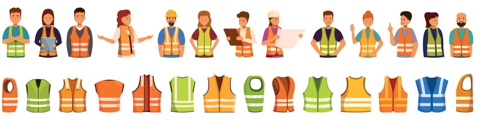 Safety vest icons set. Collection of workers and reflective safety vests isolated on a white background vector