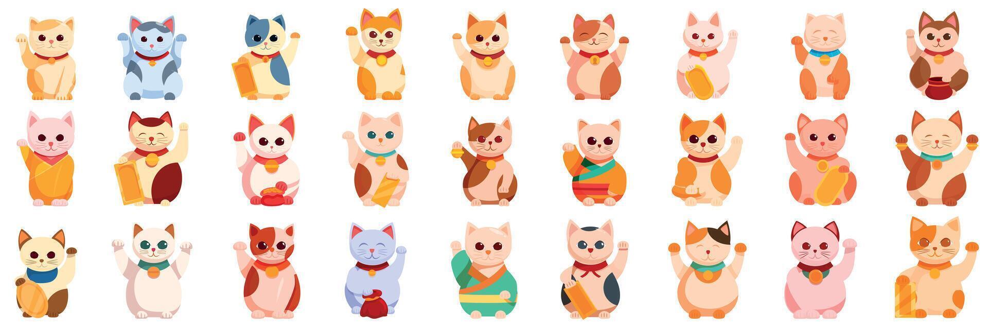 Maneki icons set. Collection of cute maneki neko japanese lucky cats waving paw bringing good luck or fortune vector