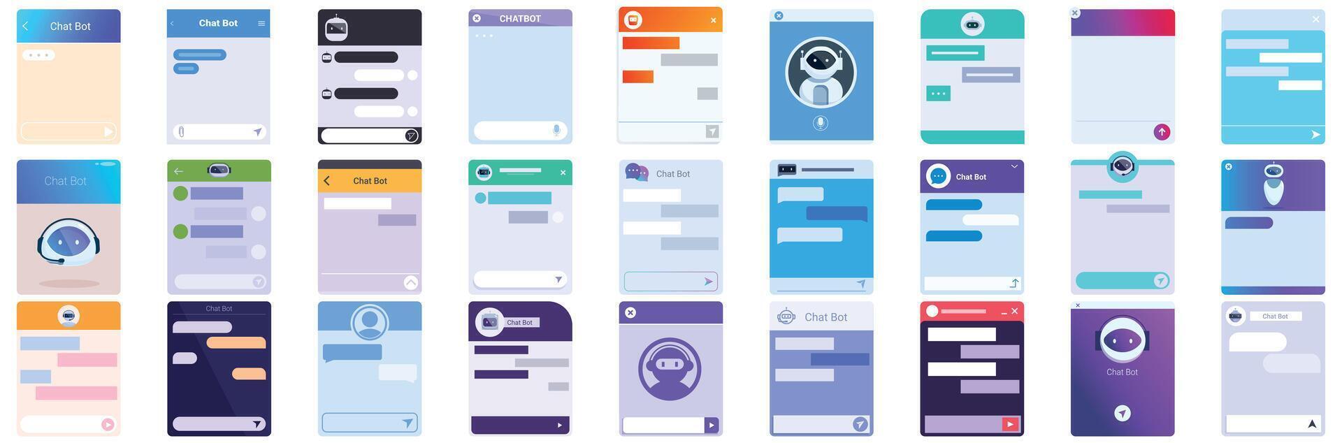 Bot window icons set. Collection of chat bot windows showing various stages of conversation vector