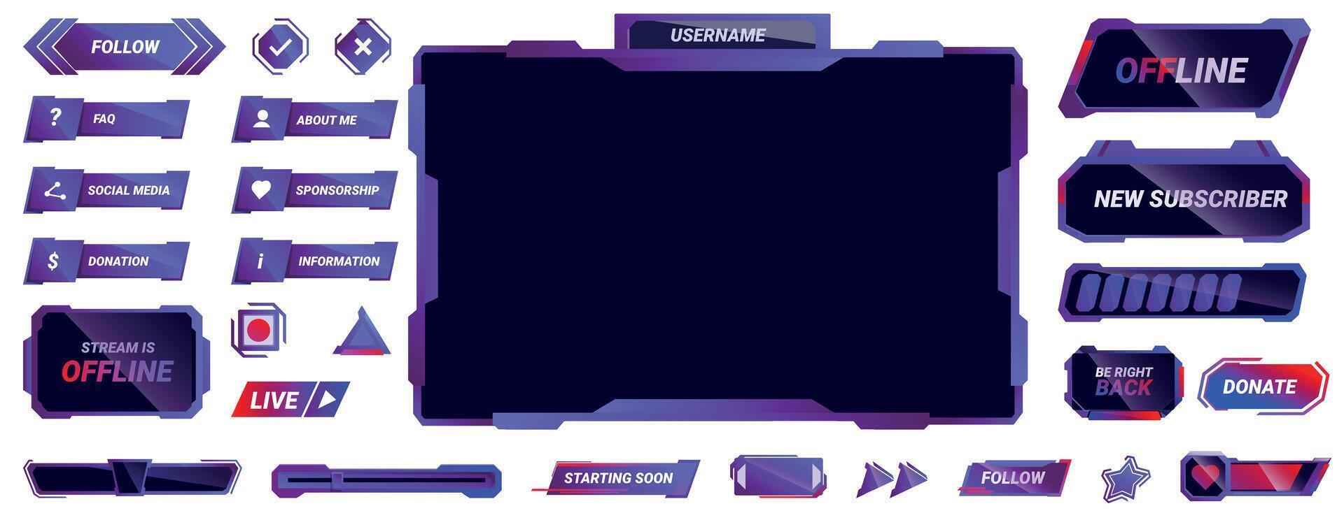 Game overlay icons set. Set of modern, colorful panels, buttons, and alerts for a live stream interface vector