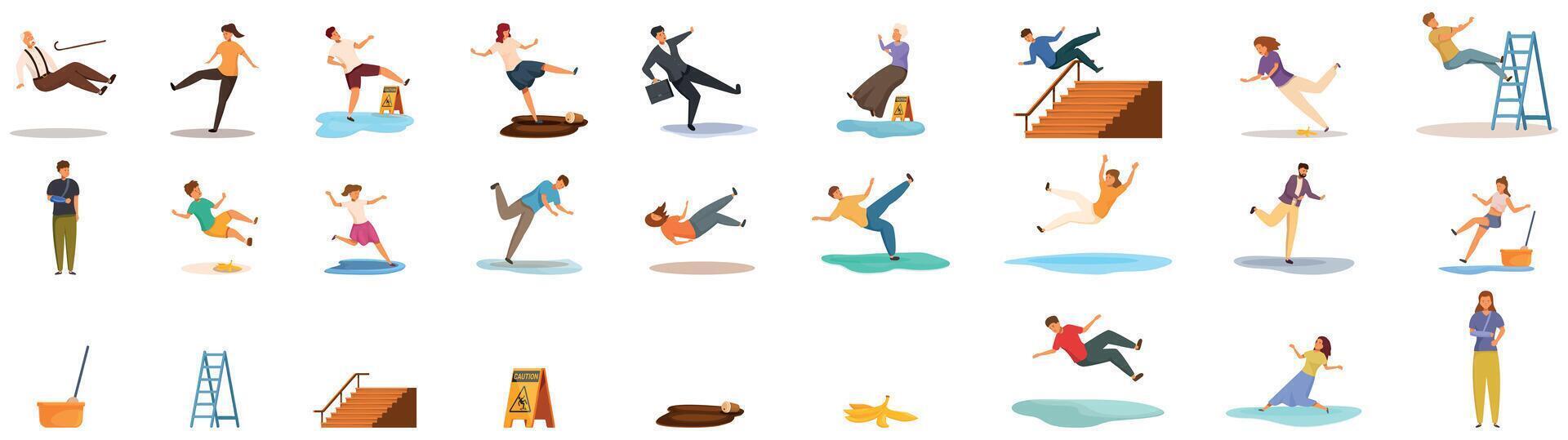 Slip people icons set. People falling down on wet floor, stairs and banana peel slippery surface set vector