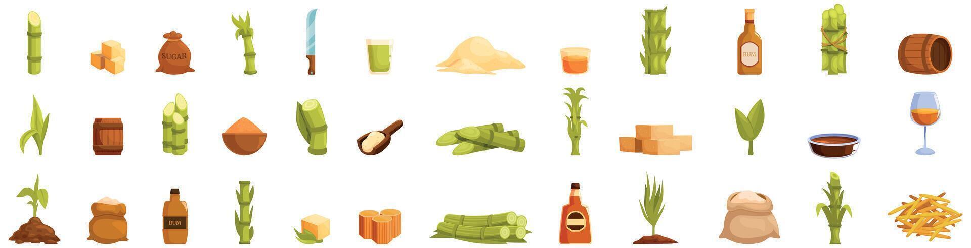 Sugarcane icons set. Sugarcane farming and production process showing plant to final product vector