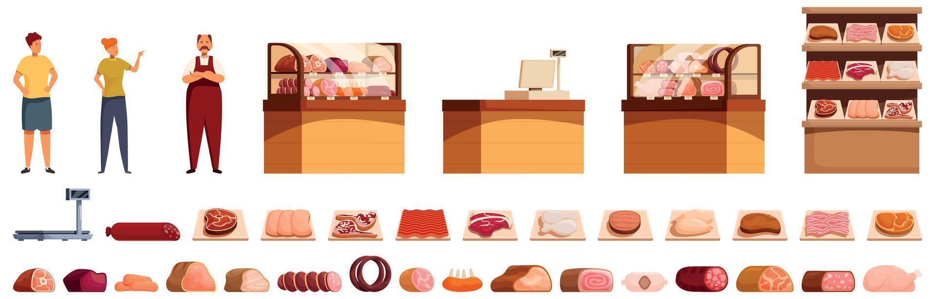 Meat shop interior icons set. Male and female customers choosing fresh meat products in butcher shop vector