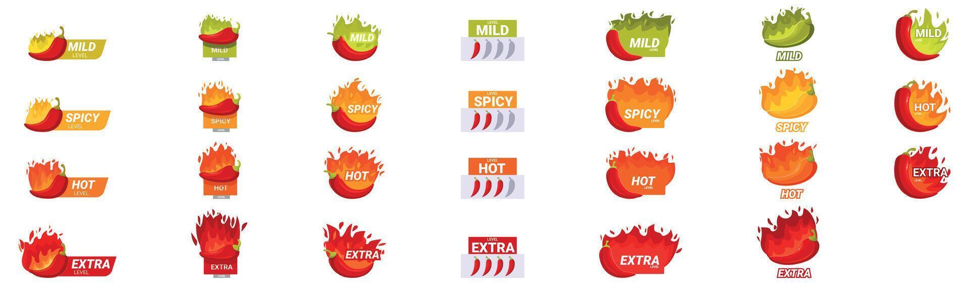 Spicy level icons set. Chili pepper measuring scale showing different levels of spiciness and hotness vector