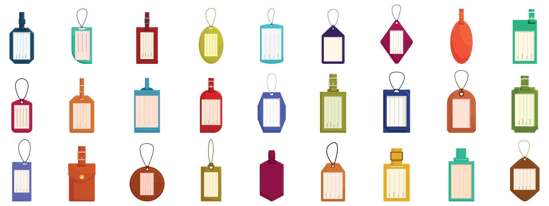 Luggage tag icons set. Luggage tag collection featuring various shapes and colors vector