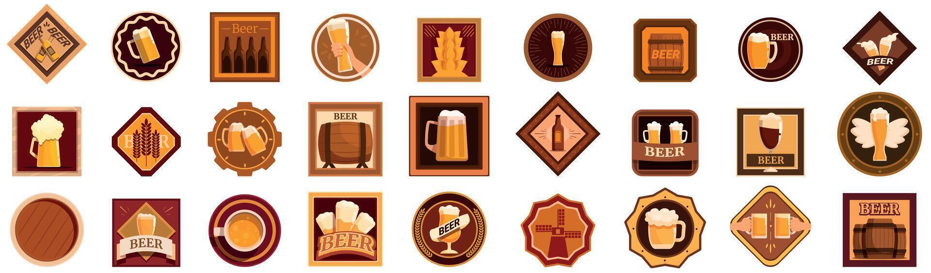 beer coaster icons set. Set of beer coasters with glasses, bottles, mugs, barrels and wheat for brewery, pub vector