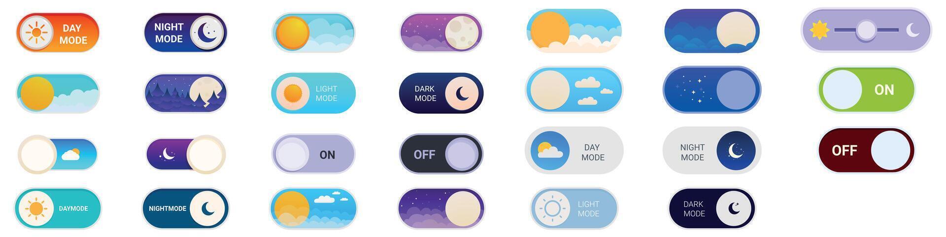 Night day mode icons set. Set of day night mode toggle switch buttons showing light and dark theme mode vector