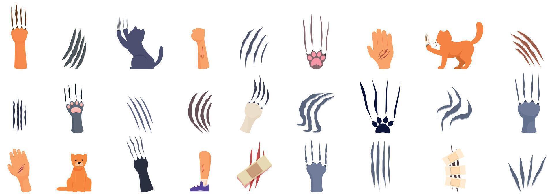 cat scratch icons set. Cat scratching claws marks set with angry pet and injured body parts vector