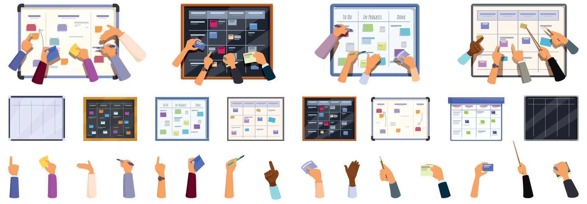 Scrum board icons set. Business team planning project using agile methodology, scrum task board with sticky notes vector