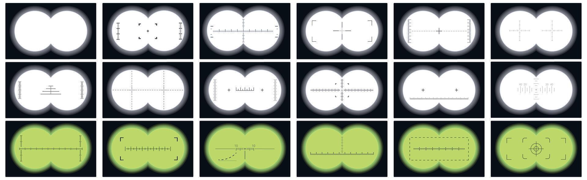 binoculars viewfinder icons set. Binoculars crosshairs set showing different viewfinders for aiming vector