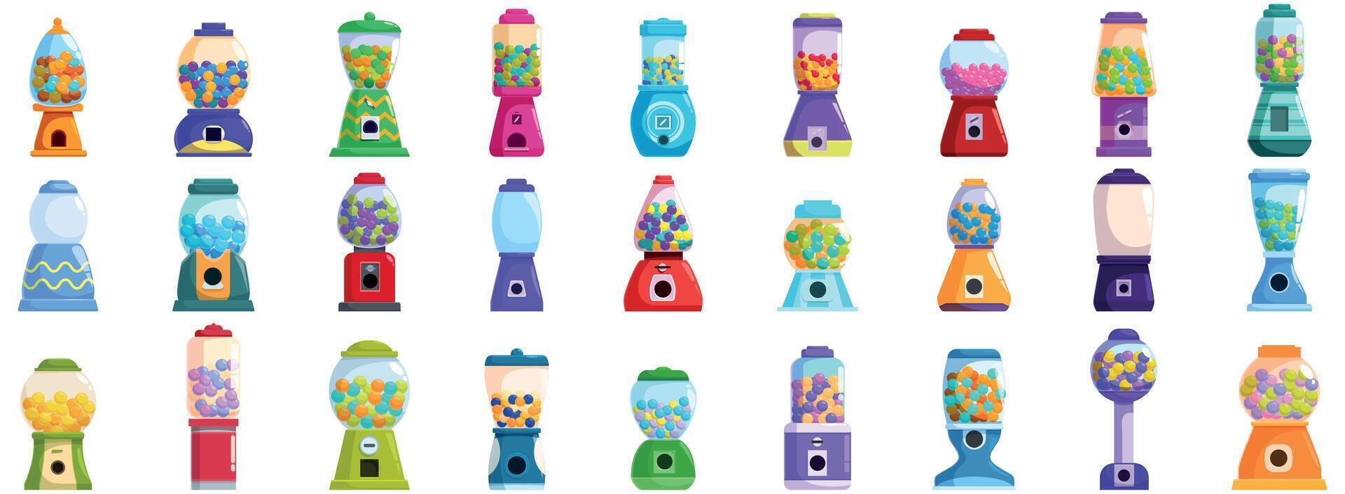 Gumball machine icons set. Collection of various gumball dispensers holding colorful candies vector