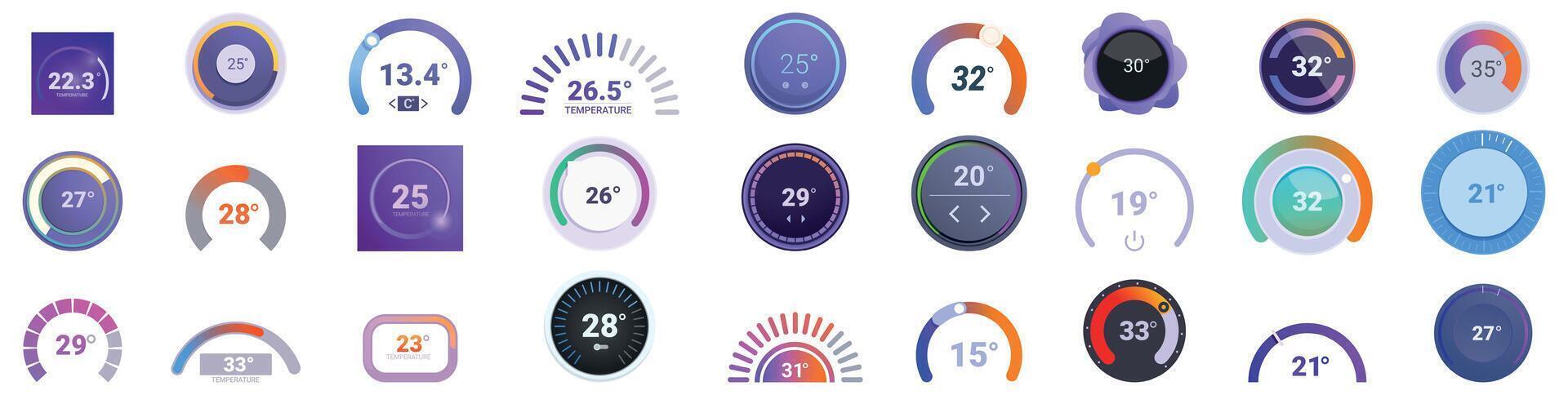 Thermostat ui icons set. Temperature control panel showing different degrees celsius vector