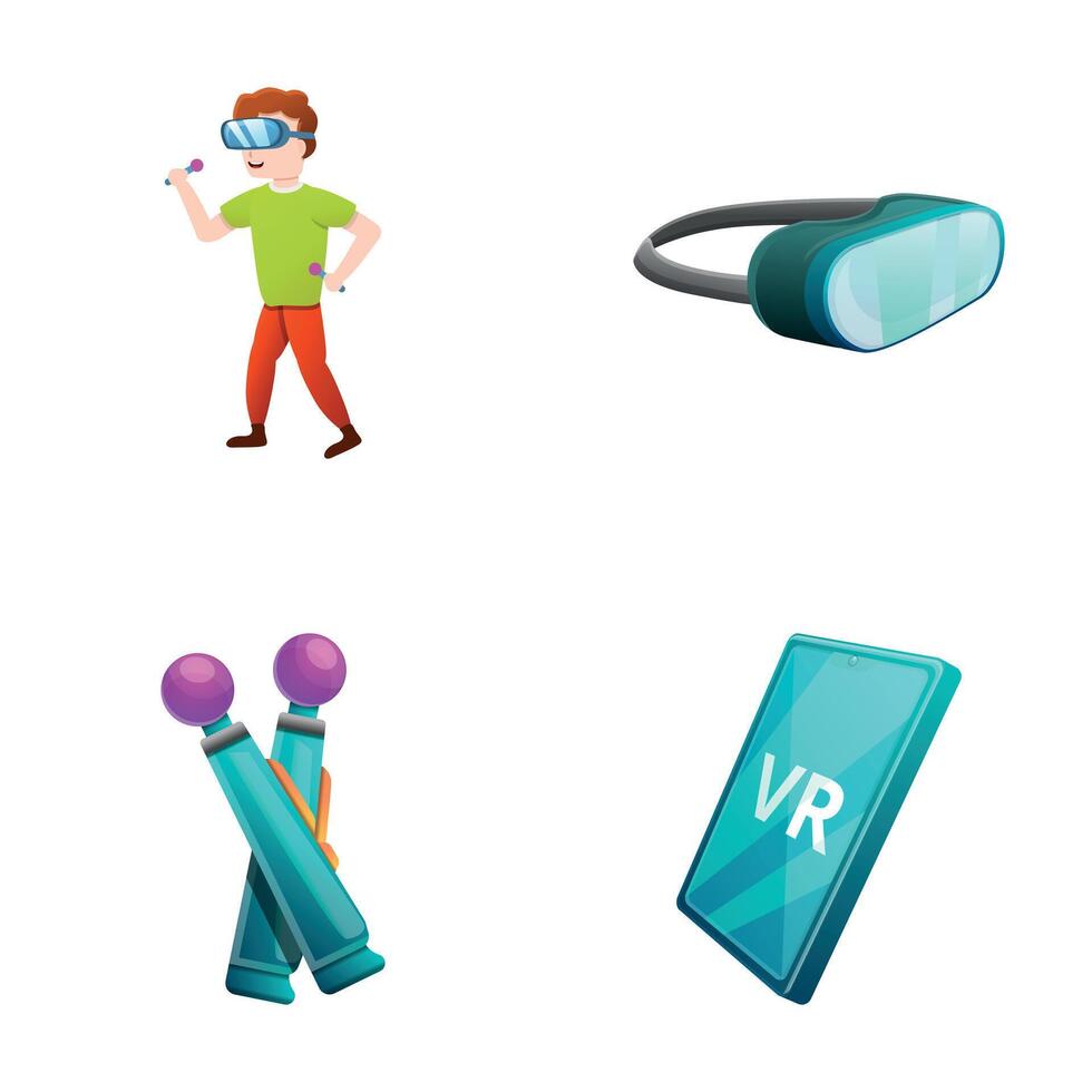 Vr technology icons set cartoon . People in virtual reality vector