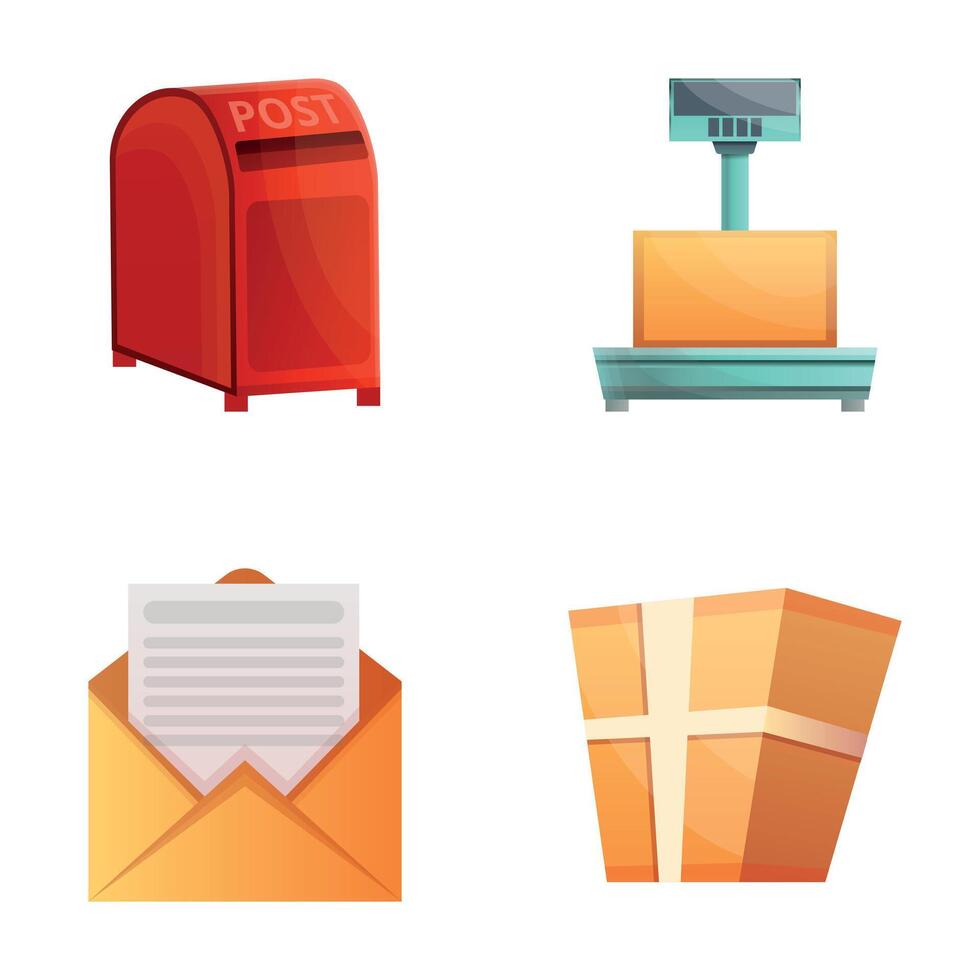 Mail delivery icons set cartoon . Cargo scale mailbox parcel and letter vector