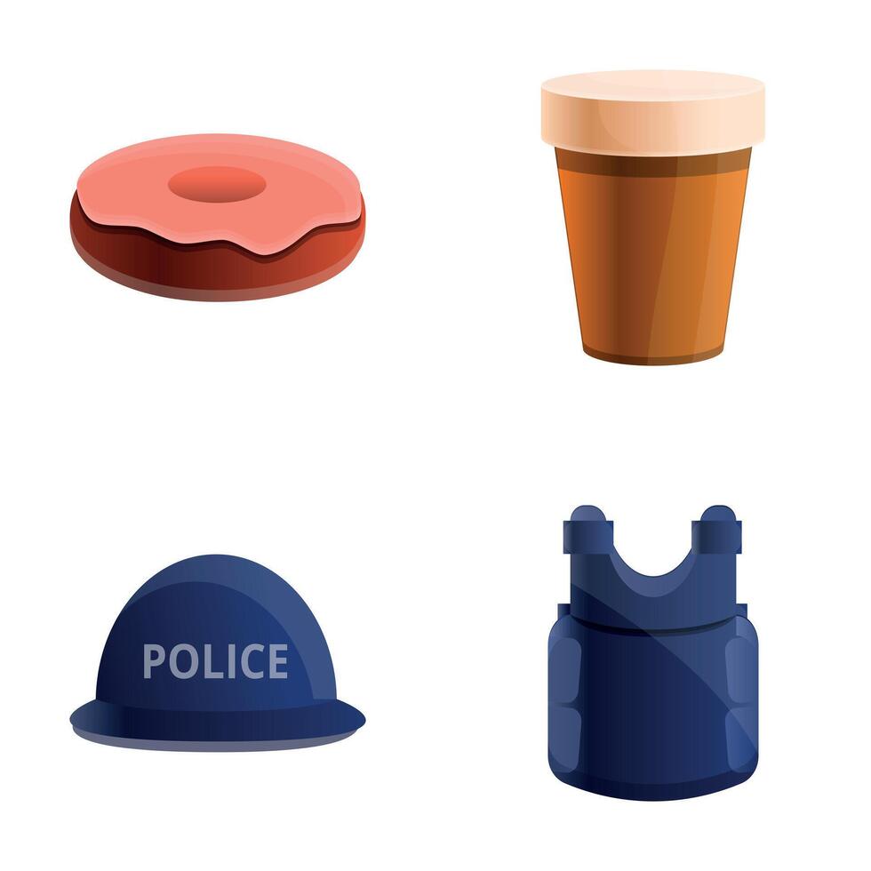 Police breakfast icons set cartoon . Donut drinking cup and uniform vector