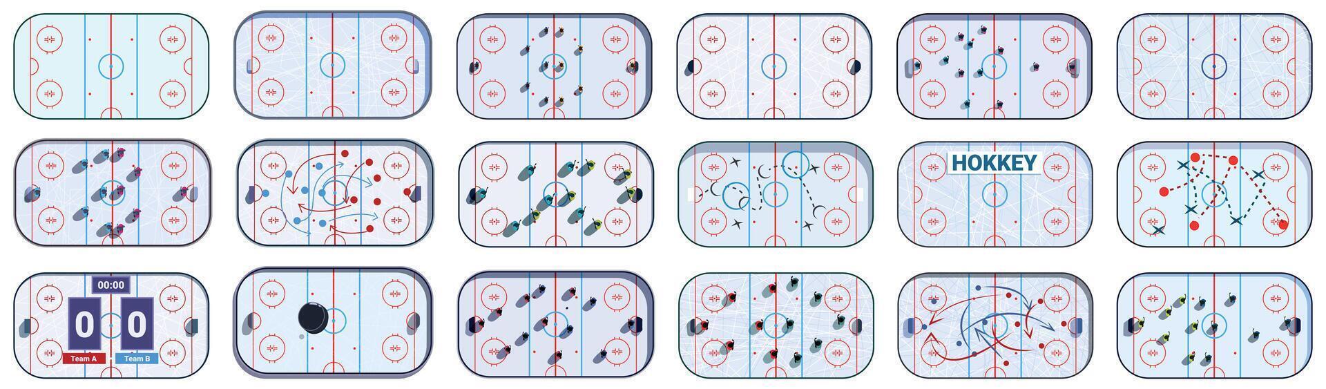 hockey rink top view icons set. Hockey coach drawing game strategy with markers on a whiteboard vector